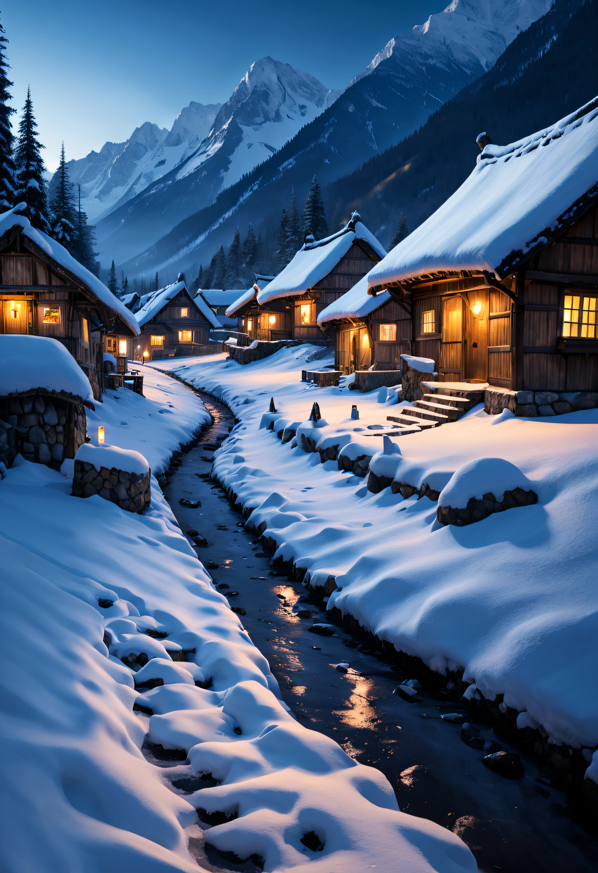 A serene winter morning scene in a mountainous region, where traditional thatched-roof houses are blanketed in snow. The warm glow of lights from the windows suggests a cozy atmosphere inside, contrasting with the cold blue tones of the snow-covered landscape. The darkness of the morning sky and the surrounding environment accentuates the illumination of the houses. There's a hint of human presence in this secluded area, as evidenced by the lights and the well-trodden paths in the snow.