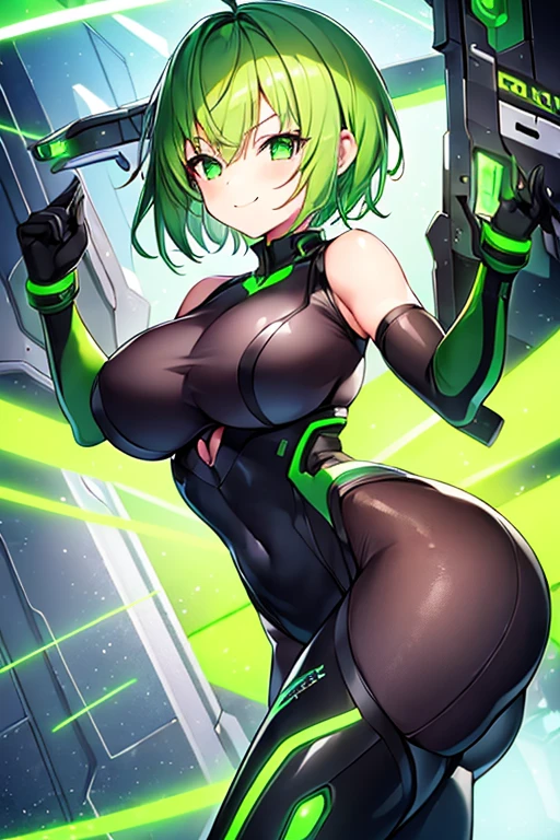 1girl, large breasts, wide hips, green hair, very short hair, short hair, green eyes, bodysuit, black bodysuit, neon trim, green neon trim, smile, smirk, smug, futuristic, science-fiction, tech, machinero, shoes, sneakers