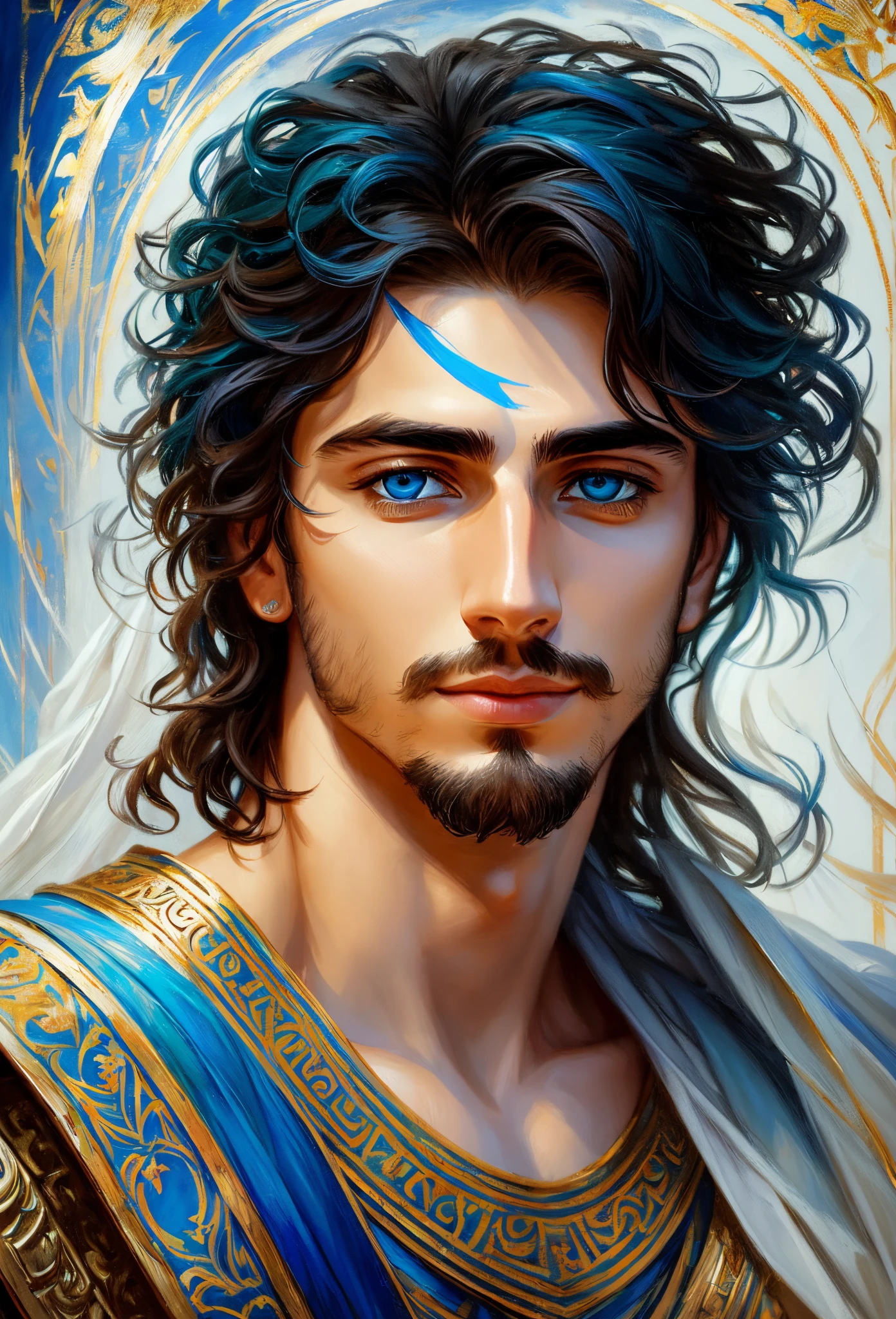 "Experience the mesmerizing gaze of Alexander the Great, with one eye shining in brilliant blue and the other in rich brown. Uncover the divine secret hidden within his piercing stare." (incomplete painting), white background, oil painting with visible impressionistic strokes dynamic pose, abstract background, impressionistic style, (impressionism:1.1) soft pastels, tetradic colors, upper body shot, zoomed, emotionally evocative, expansive strokes, atmospheric, dynamic, dramatic, best quality, best resolution Test, by alex1shved, highly realistic, ruddy skin, beautiful, full lips, smiling, feeling of lightness and joy, hyperrealism, skin very elaborated, direct gaze, by alex1shved --auto --s2