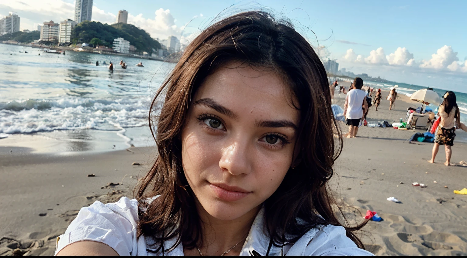 ((best quality)), ((master part)), (circunstanciado),
foto extremamente detalhada
rosto perfeito
morena com olhos castanhos claros, She is wearing a light blue blouse, clean face, selfie on the beach in Rio de Janeiro
