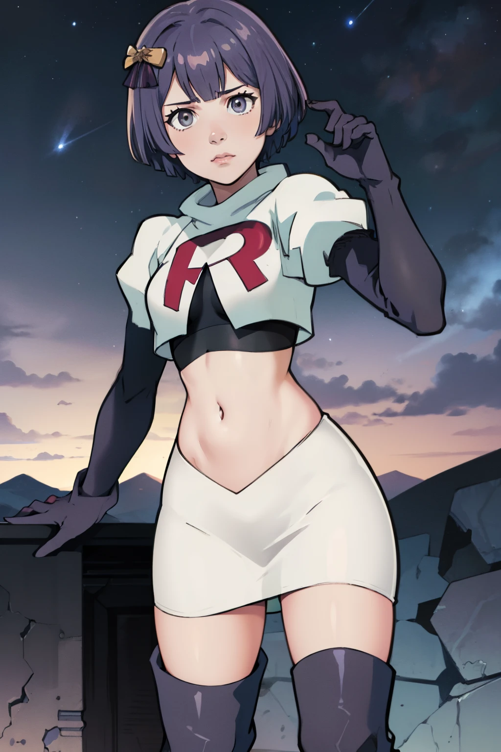 warBernie, hair bow, grey eyes, purple hair, team rocket uniform, red letter R, white skirt,white crop top,black thigh-high boots, black elbow gloves, looking at viewer, cowboy shot, sexy pose , night sky background