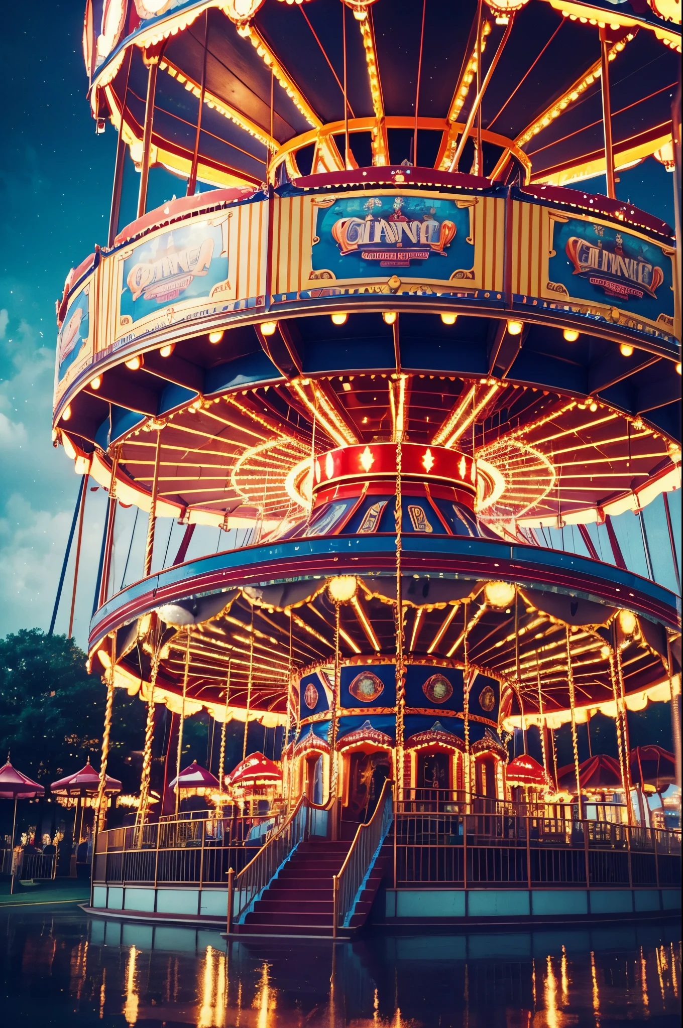 theme park closeup,Overlooking the playground theme park(he Ferris wheel.carousel horses).centered composition, symetrical composition, The theme park is located on a floating island shrouded in mist,floating in sky, Use magic anchors to secure it to an otherworldly place, At midnight. The content is very detailed, high high quality, 4K, hyper HD