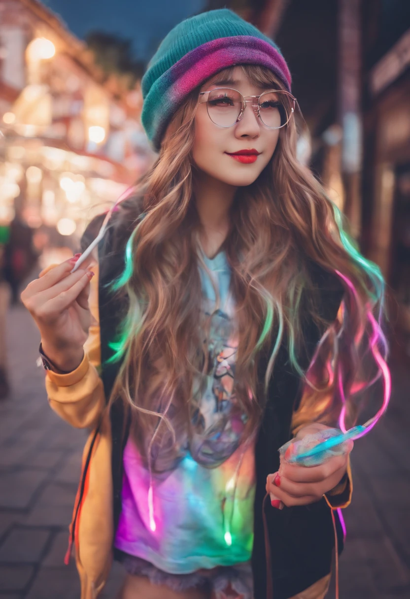 A photo of the character creating a colorful sidewalk chalk masterpiece,original,Anime merch, beanie, glasses, long hair with neon streaks, no makeup, female
