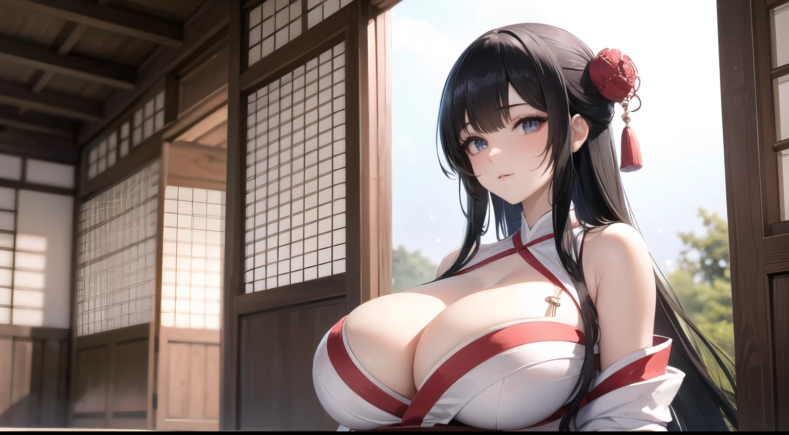 (huge breasts), bare shoulder, ((masterpiece)), ((best quality)), cute girl, long hair, japanese dress