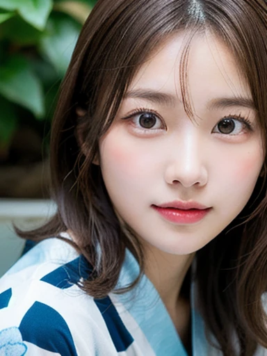 (masterpiece, best quality, photo realistic, official art:1.4), (UHD, 8K quality wallpaper, High resolution, raw photo, film grain:1.2), (shiny skin), professional lighting, physically-based rendering, Award-winning, highly detailed skin, (extremely detailed face and eyes, clear pupils), Carl Zeiss 85 mm F/1.4, depth of field, BREAK, 1girl, solo, kawaii 24-year-old Korean girl, (Nogizaka idol:0.7), (Korean idol:0.9), (glossy brown hair, curly medium hair, forehead:1.3), rounded face, single eyelid, (soft smiling, closed mouth:1.3), (wearing light blue yukata with red floral prints, obi:1.3), (well shaped medium breasts:0.7), (looking at viewer), BREAK, at a garden in a school, summer daytime, warm sunlight, (seductive posing, dynamic angle:1.3), breasts focus, upper body shot,