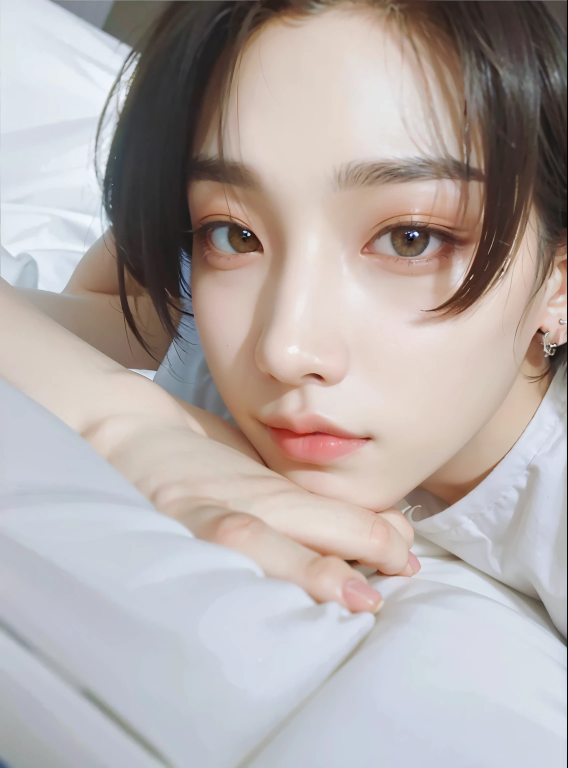 There is a woman lying on the bed with a white sheet, Cai Xukun, Jinyoung Shin, jungkook, inspirado por Bian Shoumin, Yan, Ulzzang masculino, young wan angel, coy smile, Wan adorable cara coreana, ji-min, Aesthetics of Jinyoung Shin, JIA, [ foto realista ]!!, kanliu666, Shin Jeongho, Cara linda clara