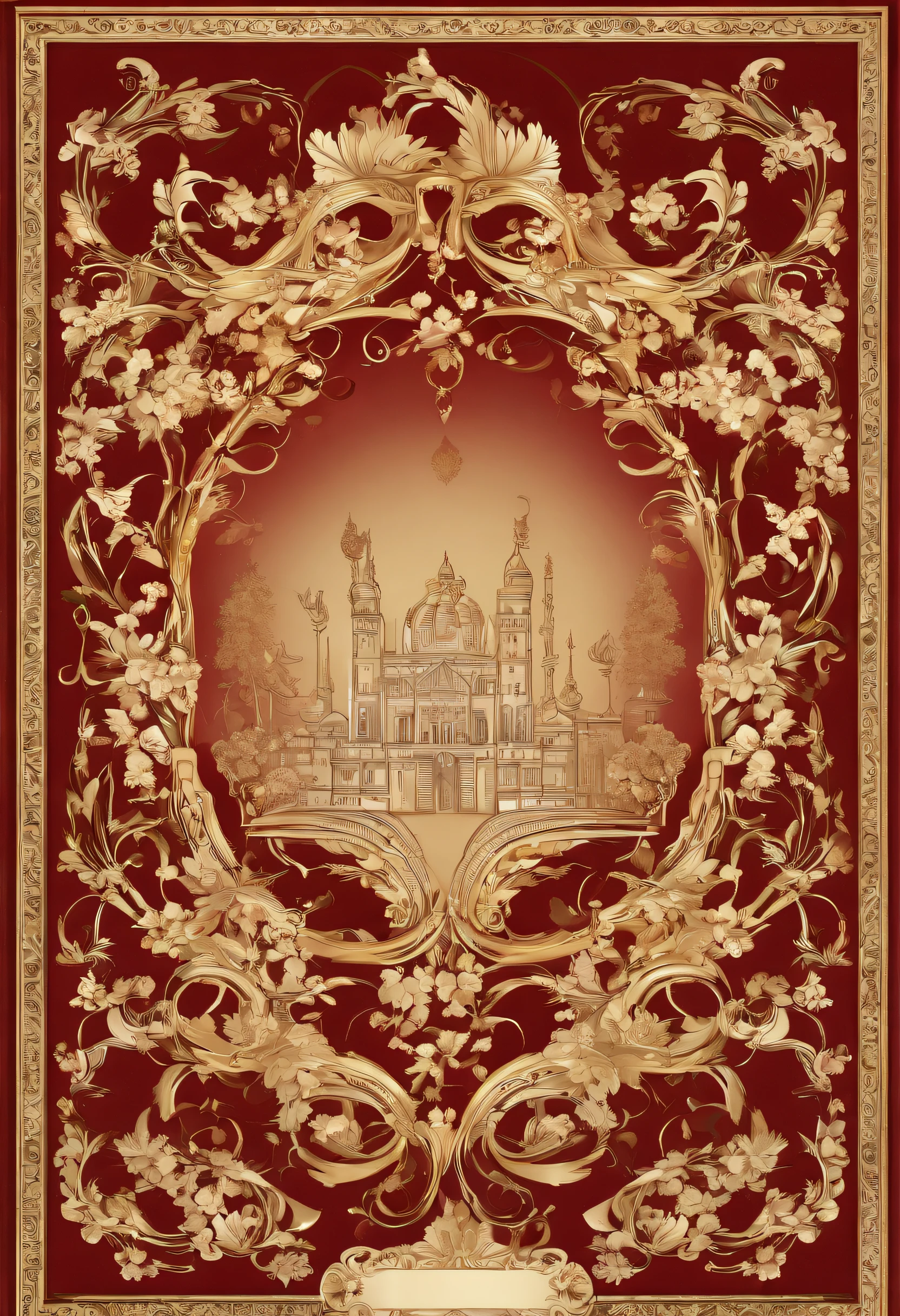 a red and gold frame, ornate backdrop, dreamy and detailed, baroque style painting backdrop, inspired by Zsuzsa Máthé, ornate and intricate backdrop, ornate floral, ornate borders + concept art, ornate, ornate border frame, whimsical!! intricate details, ornate background, ornate detailed background, intricate border, ornate border, no human