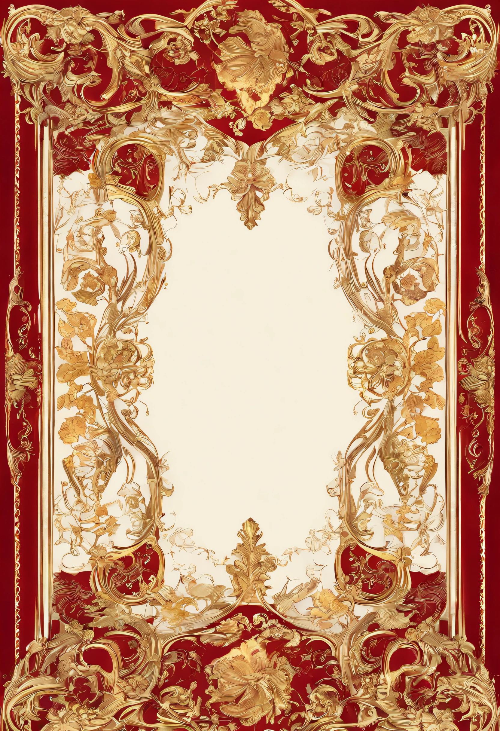 a red and gold frame, ornate backdrop, dreamy and detailed, baroque style painting backdrop, inspired by Zsuzsa Máthé, ornate and intricate backdrop, ornate floral, ornate borders + concept art, ornate, ornate border frame, whimsical!! intricate details, ornate background, ornate detailed background, intricate border, ornate border, no human