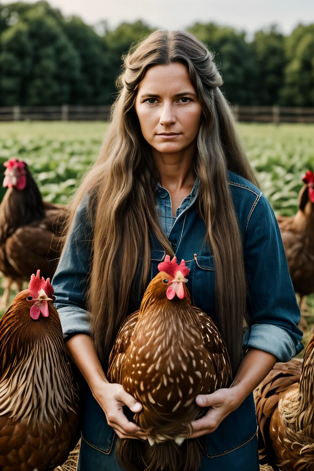 Highly detailed photograph of an unkempt woman, long hair, on a farm with (three) french hens, photorealistic