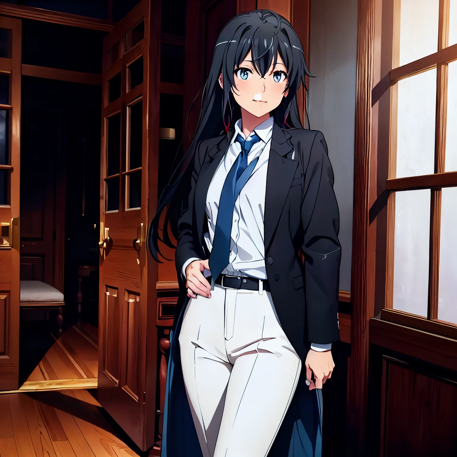 1GIRL , Yukinoshita yukino , Yukinoshita yukino,woman in formal attireactive suit tuxedo tailcoat standing in a large alcove in the room, 1girl, solo, necktie, black hair, blue eyes, long hair, smile, jacket, looking at viewer, shirt, pants, blue necktie, collared shirt, white pants, white shirt, indoors, bangs, long sleeves, closed mouth, window, black jacket, blush, cowboy shot, formal, suit, full body