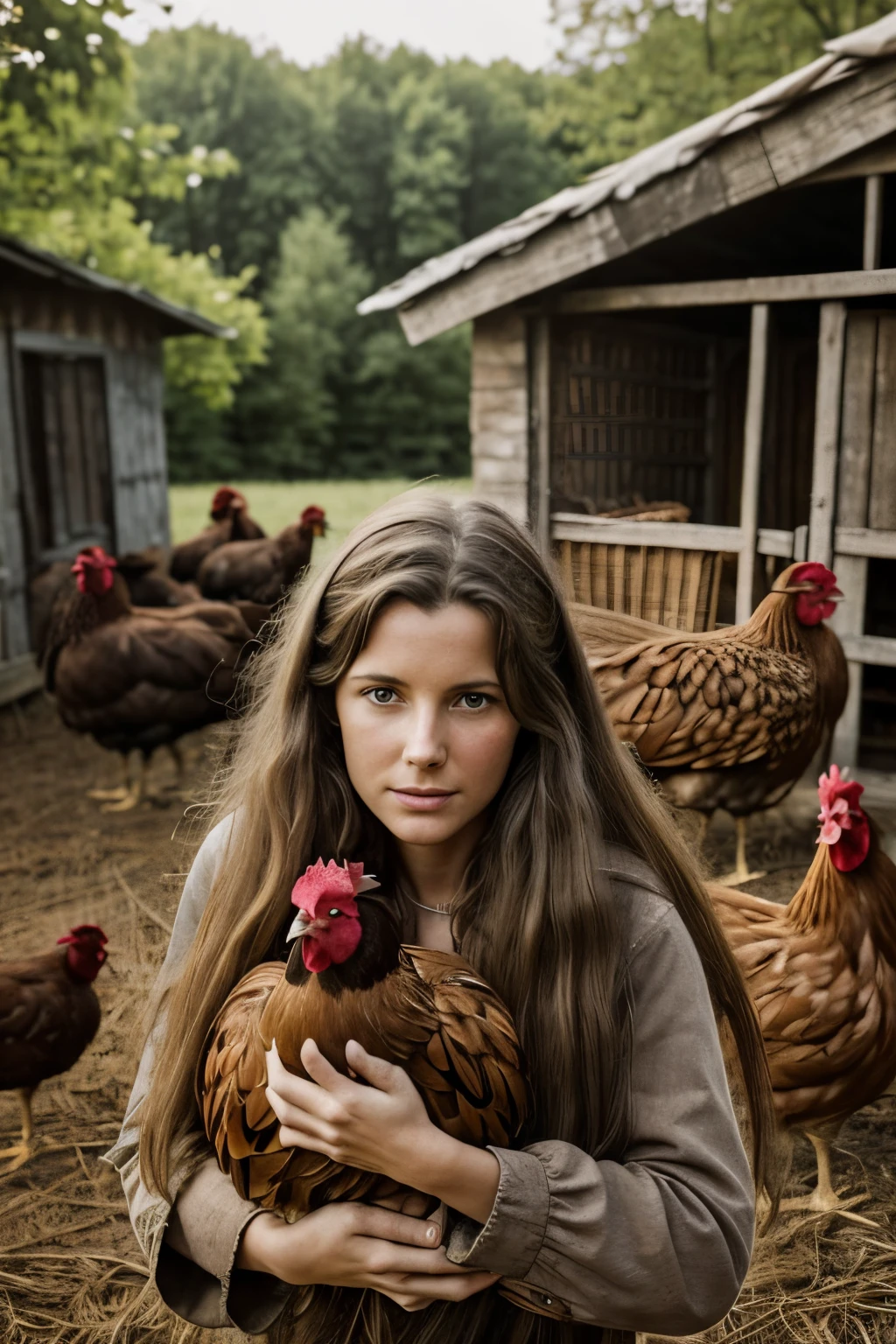Create an image showing the Beninese instructor explaining the different breeds of chickens to the student, with images of Cornish crossbred meat chickens and Rhode Island red laying hens in the background.