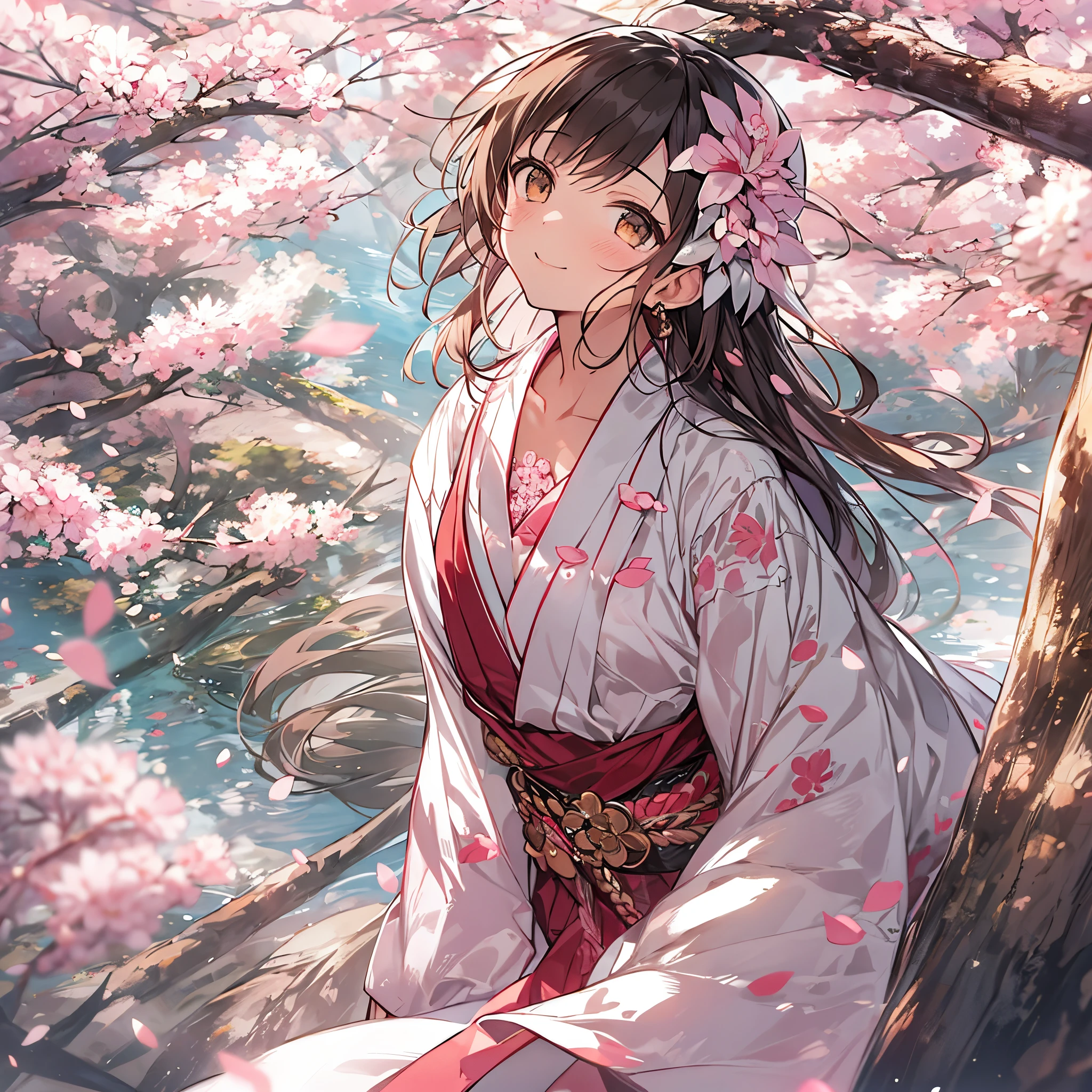 katou megumi，one-girl，On a path full of cherry blossoms，（SakuraNS:1.5),Wear a white beret on his head，with short brown hair，captivating brown eyes，Best face portrayal，wears a white dress，face to the viewer，ssmile，and the sun was shining brightly，A gentle breeze blows Buddha，exteriors