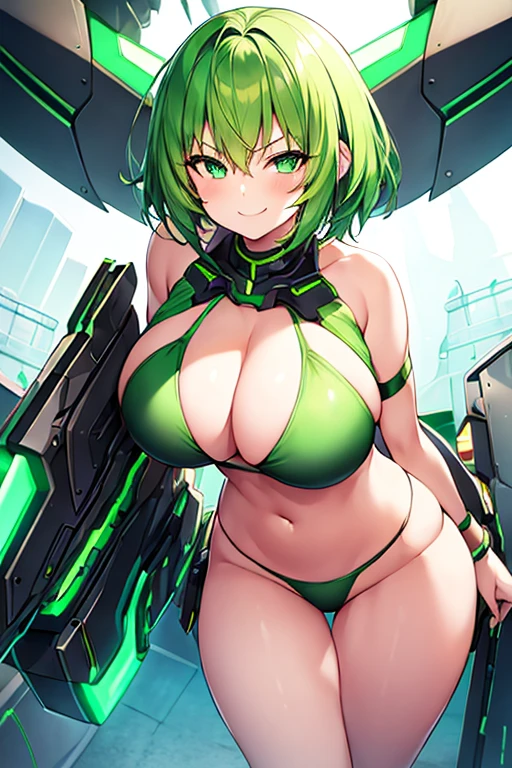 1girl, large breasts, wide hips, green hair, very short hair, short hair, green eyes, bikini, black bikini, neon trim, green neon trim, smile, smirk, smug, futuristic, science-fiction, tech, machinery, shoes, sneakers