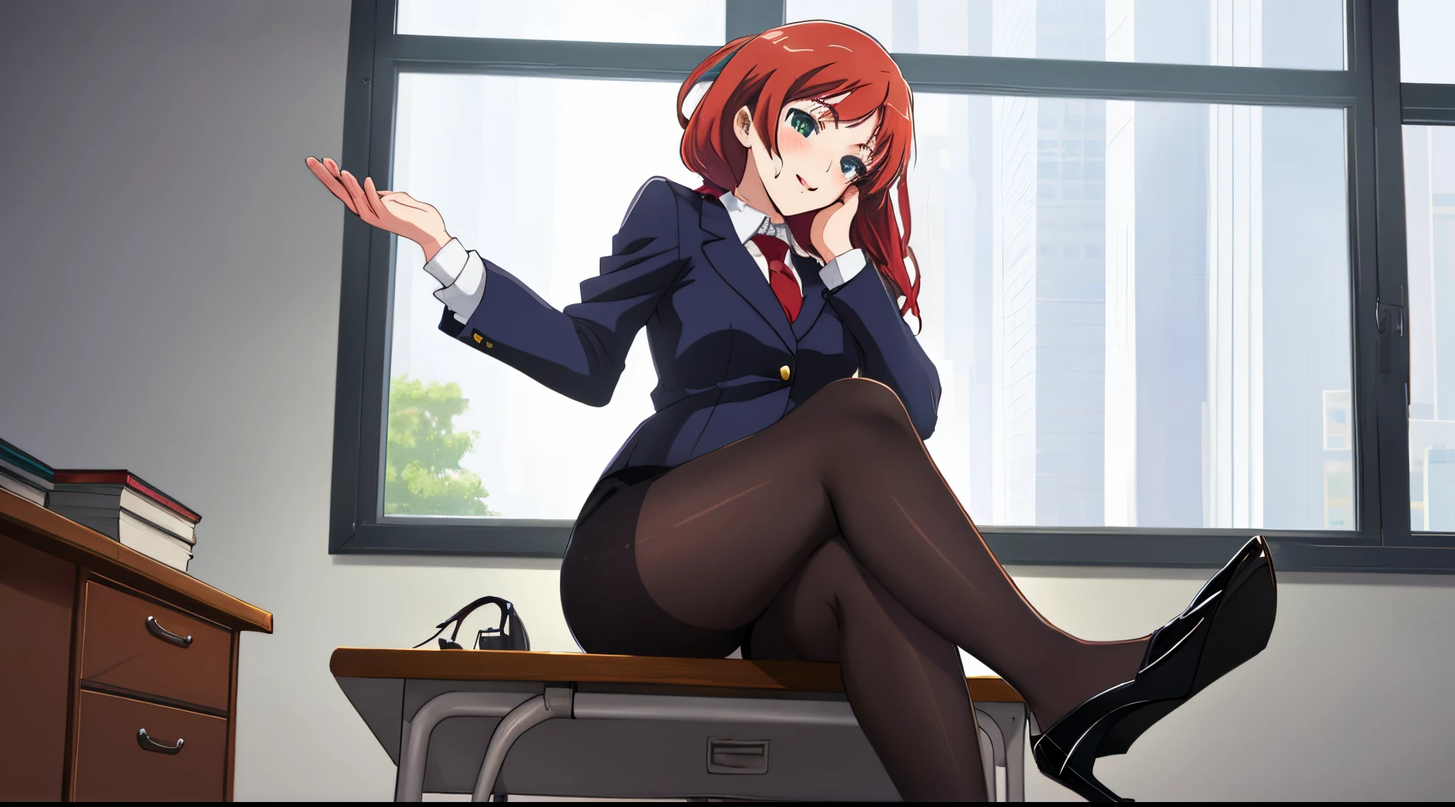 Maki Nishikino、lovelive 、One Girl, One old man、Five Fingers, mini skirt, Looking down at the viewer,, Highest quality, Focus on the thighs, Dynamic pose, smile, blazer, blouse, Black Pantyhose, panties under pantyhose, Split legs, Stylish pose,My crotch is steamy 、crowd、A man is touching her crotch、Big 、Big Ass、Thick thighs、The man touches the woman's crotch、The woman has a face that shows sexual arousal、Panting
