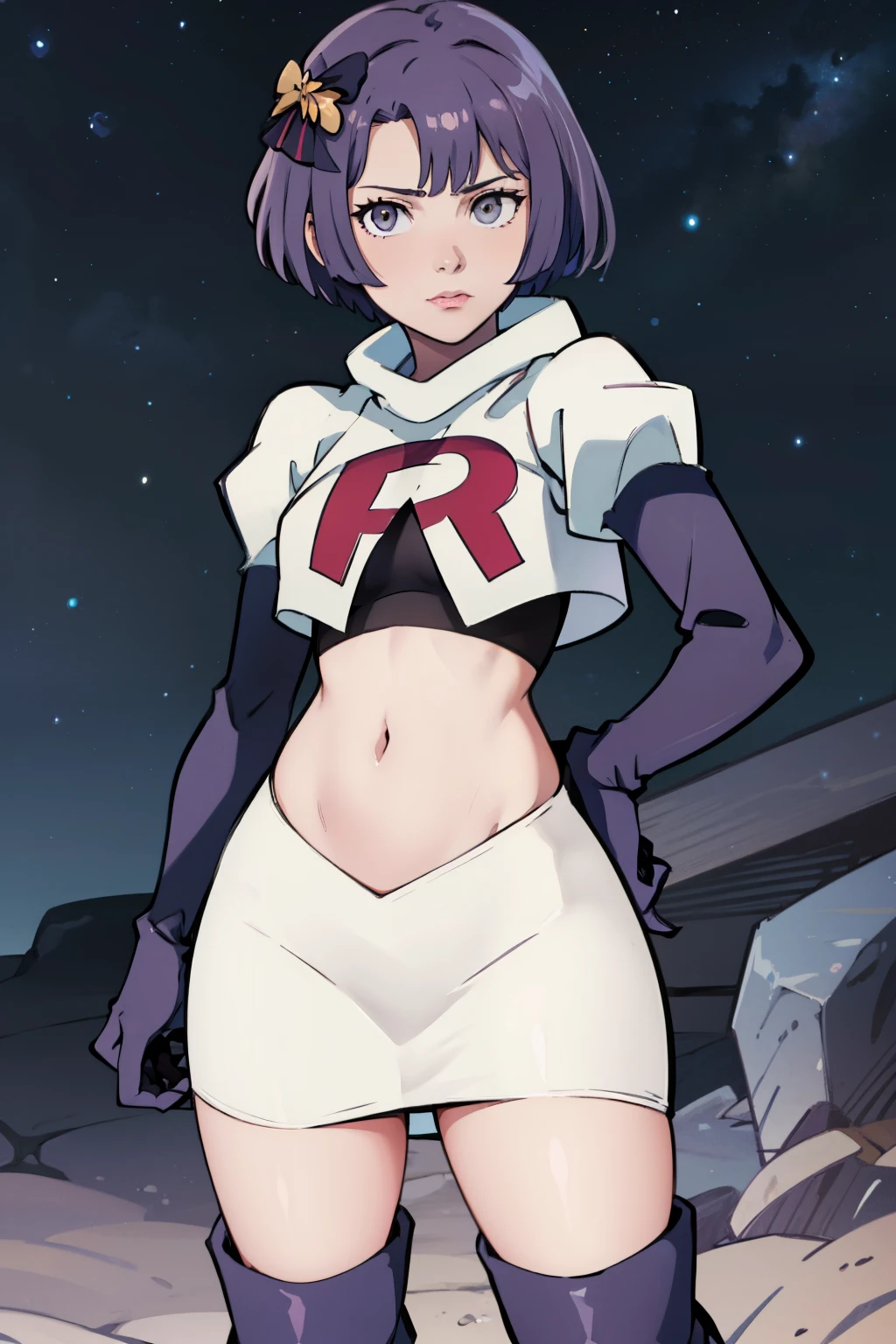 warBernie, hair bow, grey eyes, purple hair, team rocket uniform, red letter R, white skirt,white crop top,black thigh-high boots, black elbow gloves, looking at viewer, cowboy shot, sexy pose , night sky background