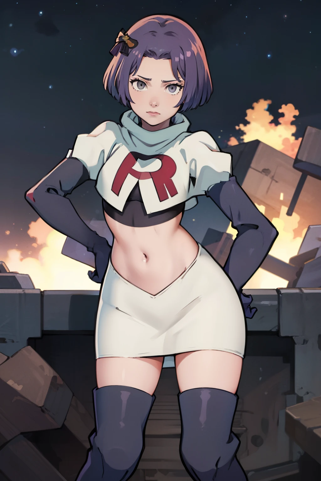 warBernie, hair bow, grey eyes, purple hair, team rocket uniform, red letter R, white skirt,white crop top,black thigh-high boots, black elbow gloves, looking at viewer, cowboy shot, sexy pose , night sky background