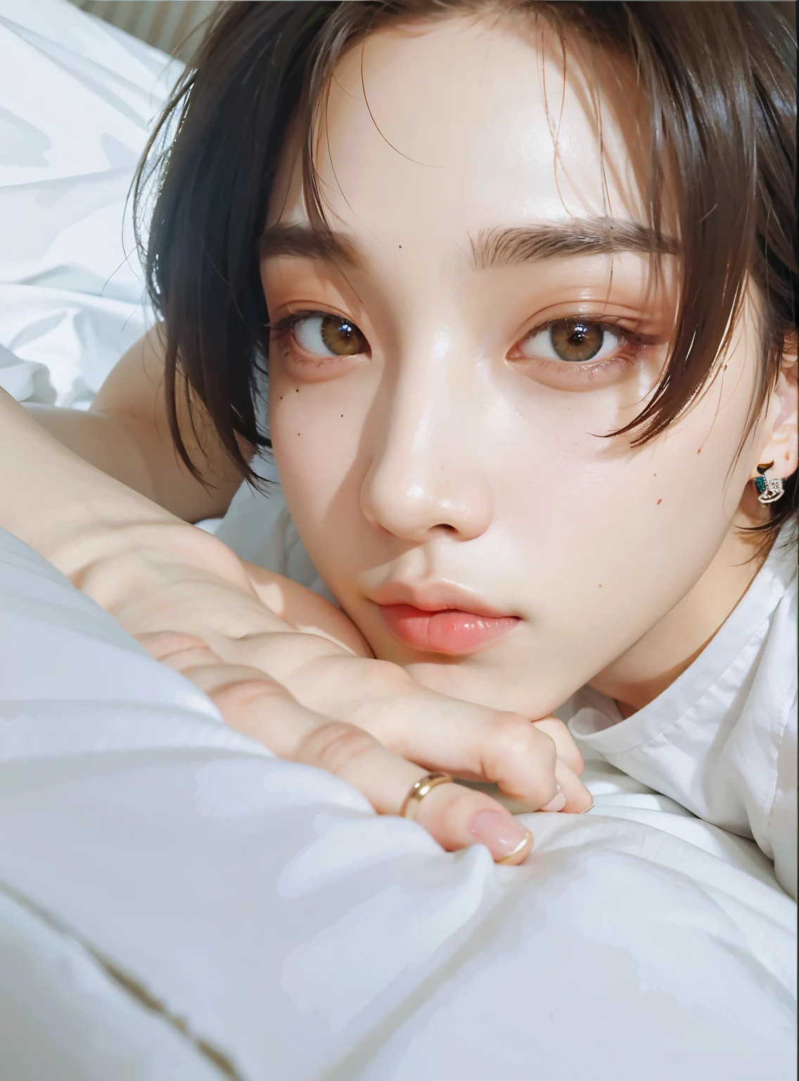 There is a woman lying on the bed with a white sheet, Jeon Jungkook de bts, inspirado por Bian Shoumin, Yan, Ulzzang masculino, young wan angel, coy smile, Wan adorable cara coreana, ji-min, Aesthetics of Jinyoung Shin, JIA, [ foto realista ]!!, kanliu666, Shin Jeongho, Cara linda clara. Manos suaves y delgadas. Eyelashes a little long.