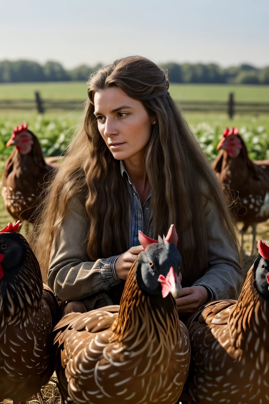 Highly detailed photograph of an unkempt woman, long hair, on a farm with (three) french hens, photorealistic