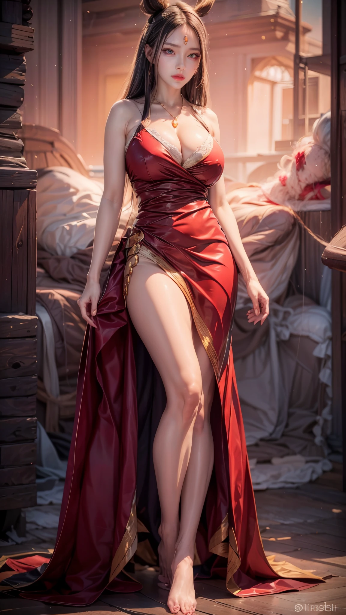 realistic, 1 women, best quality, 12k, HD, long hair, big round breasts, cleavage, ponytail, necklace, jewelry, shorts, short jacket, slim hips, hair tie, yellow eyes, black hair, super detailed, Eye details, hair details, person details, mouth details, face details, breast details, clothes details, hair details, pants details, hand details, whole body