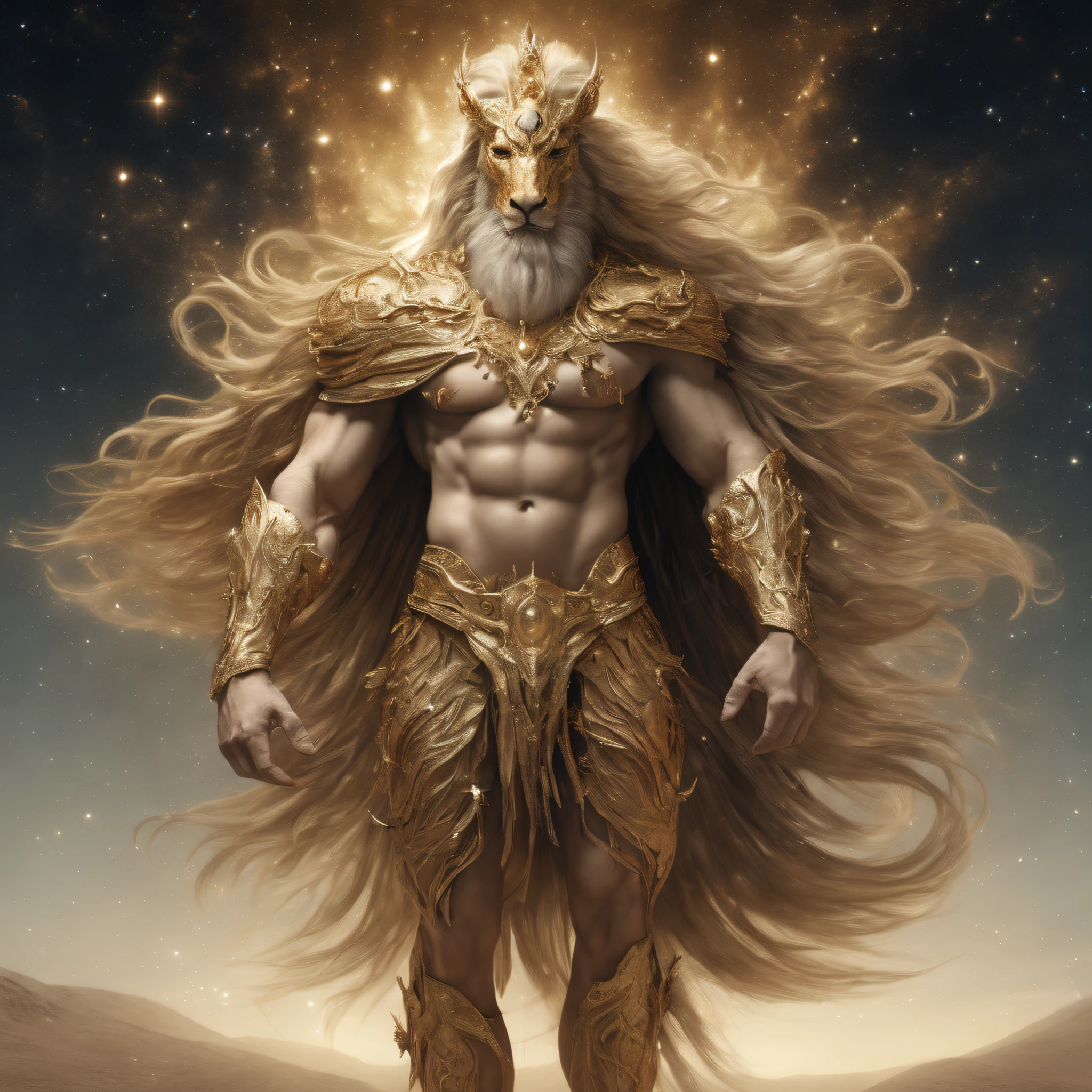 (a majestic creature with the body of a horse and the head of a man, a muscular human head on a horse&#39;Corpo, fantasy horse-human hybrid),(golden fur shining in the cosmic light:1.1),(constructed golden mane and tail),(Strong and robust physique),(the body is elegant and muscular),(gigante e poderoso),(a golden crown on the head),(lindos olhos azuis com um toque de sabedoria:1.2),(eyes reflect cosmic light),(homem barbudo&#39;face with robust features and pointed chin),(dentes definidos e fortes como os de um cavalo),(postura alta e real),(modernos em uma paisagem celestial),(surrounded by swirling galaxies and twinkling stars),(the vibrant colors of the galaxies mix with the creature&#39;It&#39;s golden fur),(a sense of wonder and awe fills the air),(cosmic light illuminates every detail),(impressive and majestic presence),(Captivating and ethereal),(uma criatura emite um ar de sabedoria e poder),(atemporal e divino),(a mythical being who embodies greatness and strength),(a harmonious fusion of human and horse characteristics),(your divine essence shines in all aspects),(the embodiment of grace and strength),(uma criatura celestial que transcende fronteiras).