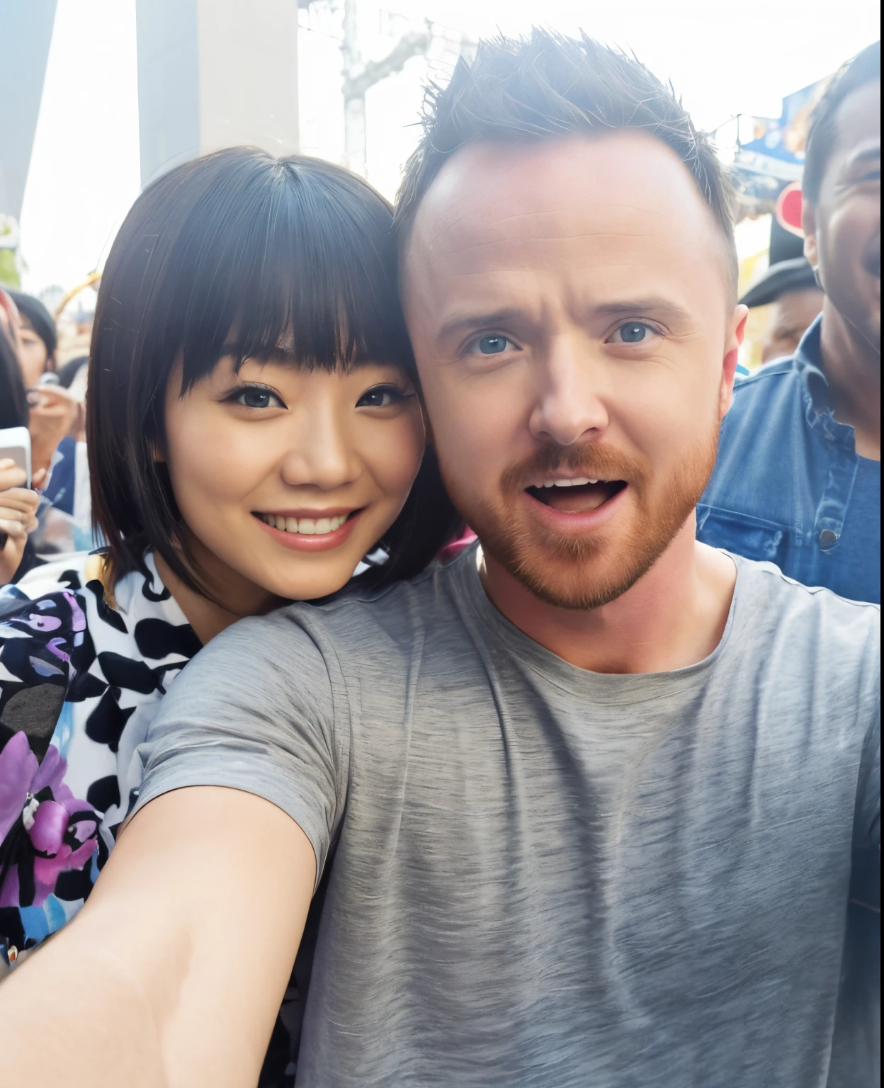 (Best quality, 8k, 32k, Masterpiece, UHD:1.2) "Generate an art scene featuring a well-known celebrity "Aaron Paul" posing with a Japanese fan for a selfie. Show the celebrity and the fan in a joyful and friendly interaction, capturing a candid moment of connection and excitement. Portray the celebrity with their recognizable features and the fan displaying enthusiasm and admiration. Ensure the setting reflects a casual yet vibrant environment, possibly with hints of a crowded event or a bustling backdrop that complements the celebratory atmosphere. Emphasize the genuine and happy expressions of both the celebrity and the fan, creating a heartwarming scene of connection and fandom."