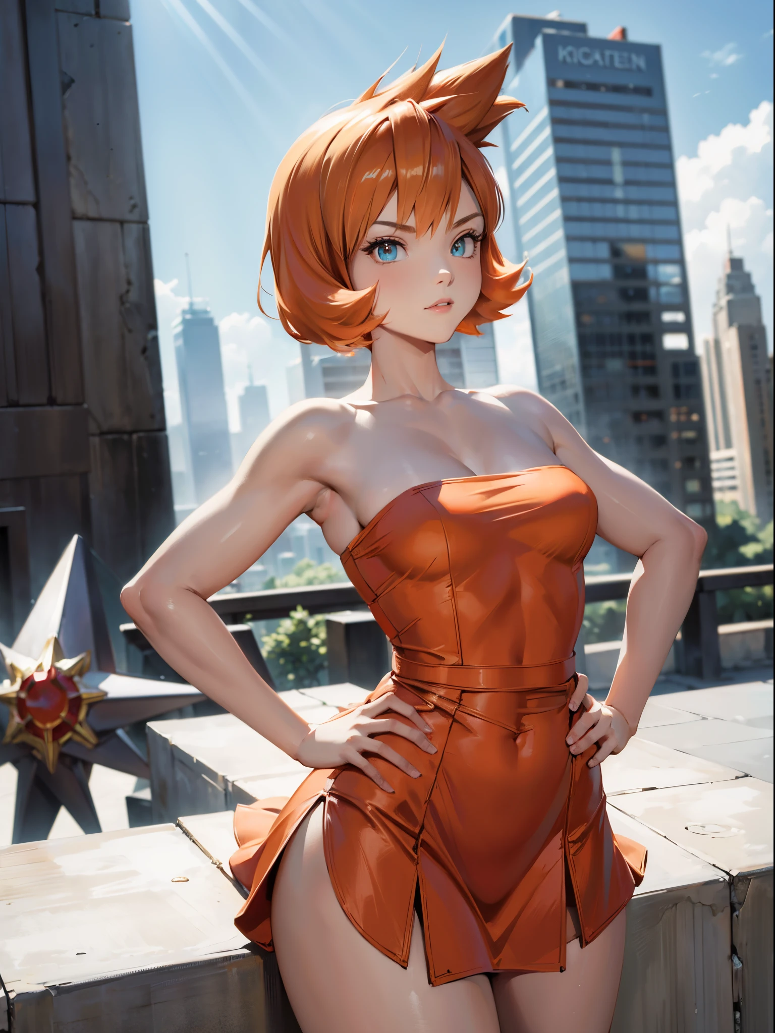 1girl, Misty_Pokemon, side ponytail, orange hair, ((red strapless dress, standing, hands on hips, thighs focus, smug, in a city, looking at viewer)), curvy figure, overlooking city, blush, day 

BREAK 

(((Masterpiece))), ((Highly detailed character)), ((perfect eyes)), ((perfect face)), ((best quality)), ((perfect hands)), high resolution, highly detailed image, thick thighs

 BREAK

 Beautiful background, volumetric lighting,