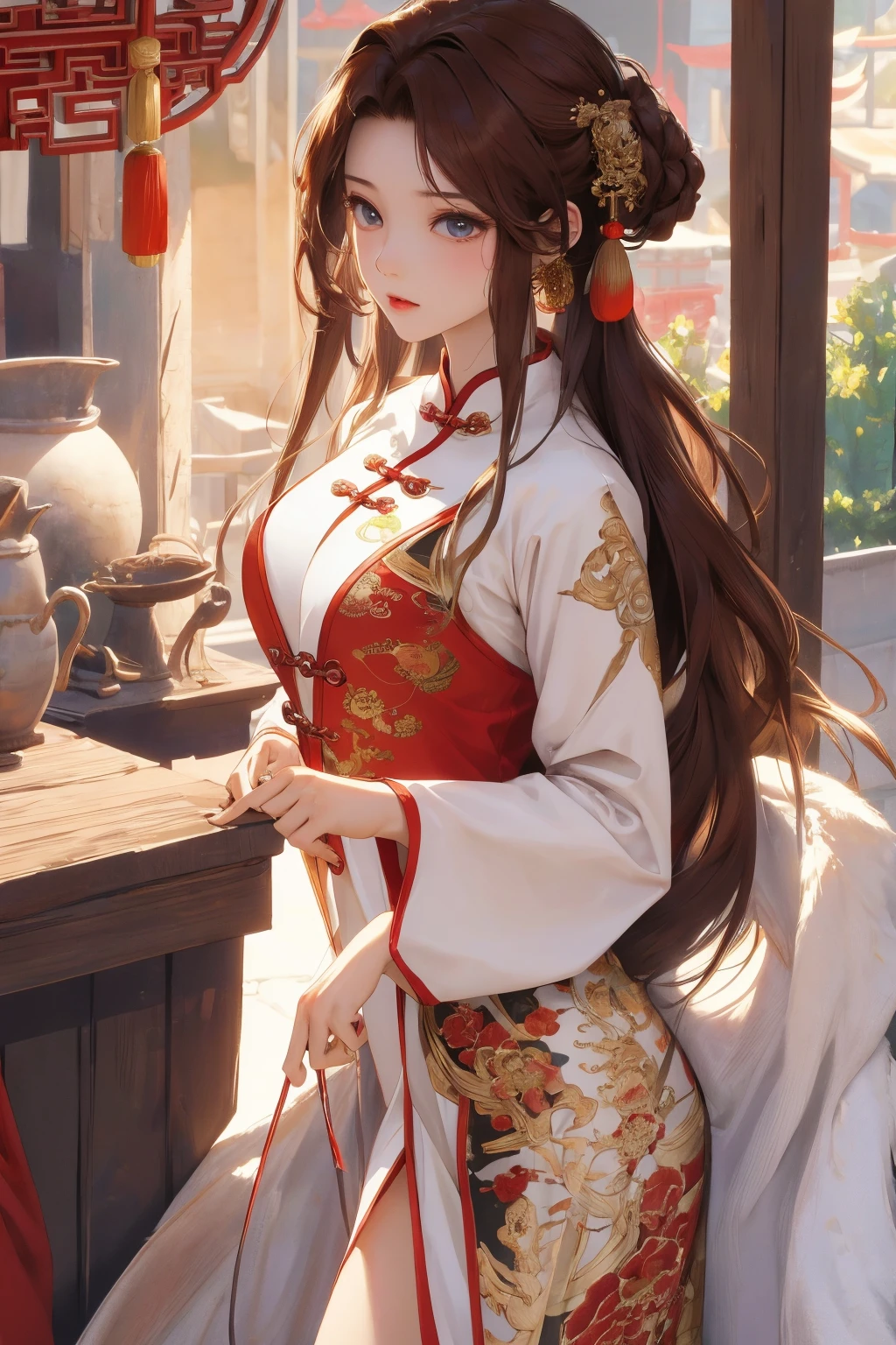 tmasterpiece,Best quality at best,ultra - detailed,extremely detaild的 CG unified 8k wallpapers,1 girl,Alone,long whitr hair,brunette color hair,sexy for,Chinese,