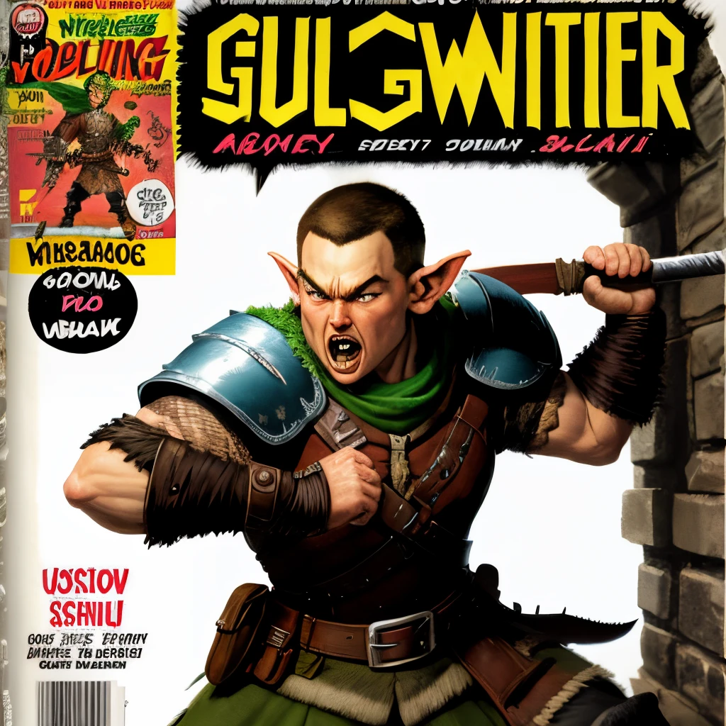 Pulp comic cover of a fantasy warrior fighting a goblin