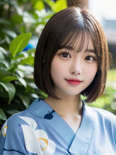 (masterpiece, best quality, photo realistic, official art:1.4), (UHD, 8K quality wallpaper, High resolution, raw photo, film grain:1.2), (shiny skin), professional lighting, physically-based rendering, Award-winning, highly detailed skin, (extremely detailed face and eyes, clear pupils), Carl Zeiss 85 mm F/1.4, depth of field, BREAK, 1girl, solo, kawaii 24-year-old Korean girl, (Nogizaka idol:0.7), (Korean idol:0.9), (glossy brown hair, medium bob cut, forehead:1.3), rounded face, single eyelid, (soft smiling, closed mouth:1.3), (wearing light blue yukata with red floral prints, obi:1.3), (well shaped medium breasts:0.7), (looking at viewer), BREAK, at a garden in a school, summer daytime, warm sunlight, (seductive posing, dynamic angle:1.3), upper body shot,