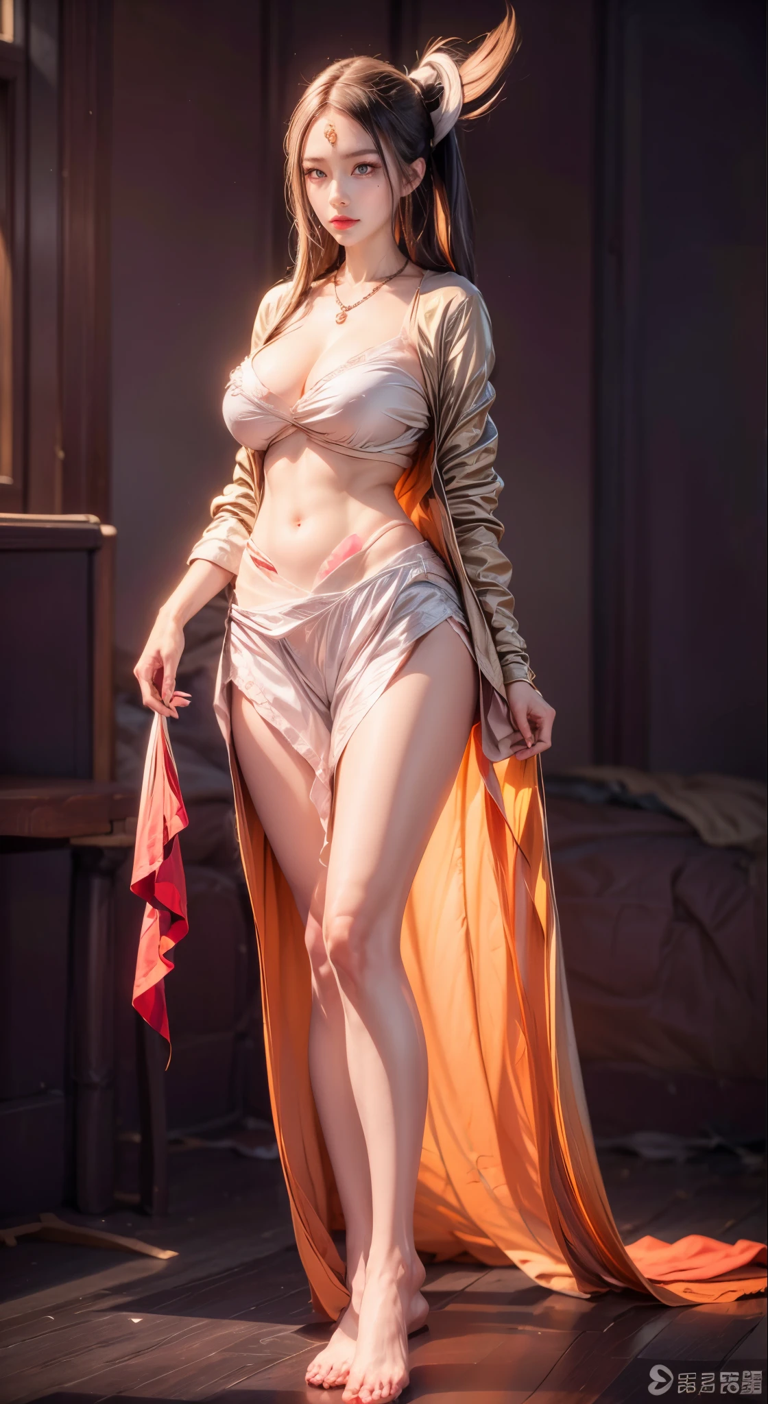 realistic, 1 women, best quality, 12k, HD, long hair, big round breasts, cleavage, ponytail, necklace, jewelry, shorts, short jacket, slim hips, hair tie, yellow eyes, black hair, super detailed, Eye details, hair details, person details, mouth details, face details, breast details, clothes details, hair details, pants details, hand details, whole body