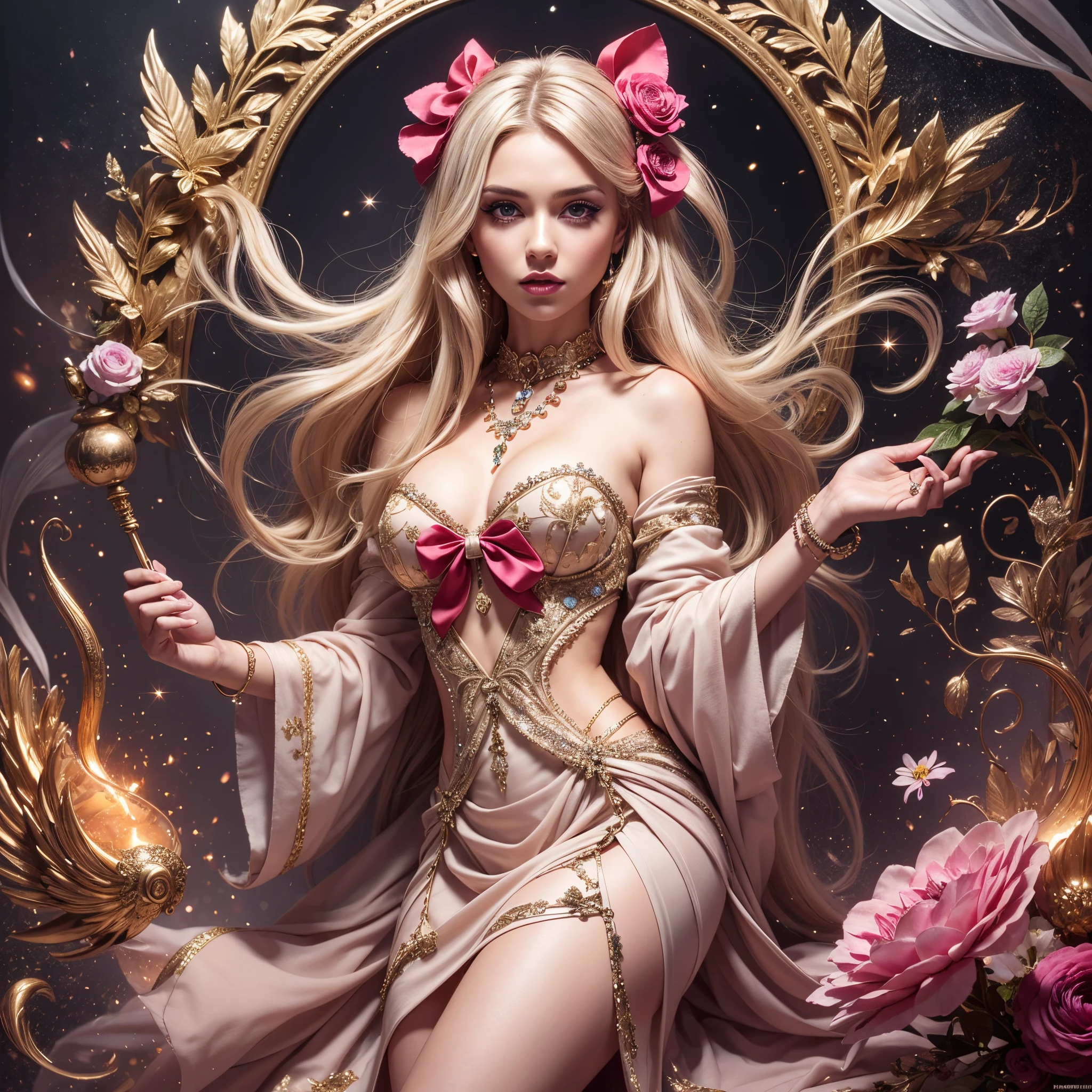 1girl, long_hair, bright_hair_color, seductive_eyes, mysterious_expression, mature_appearance, glamorous_outfit, flowing_dress, elegant_jewelry, intricate_embellishments, magic_symbols, glowing_accessories, potions, scrolls, cute_accents, bows, ribbons, flowers