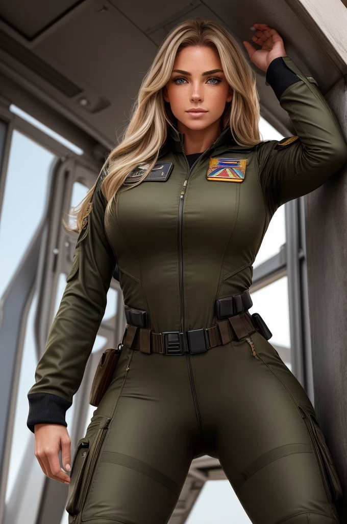 millitary girl with large bust, very slim waist, flirty, full body picture, sexy smile, navy seal, military, ranger, sexy, uniform, different poses, perfect face, perfect teeth, big butt, fit girl, perfect body, very long braid