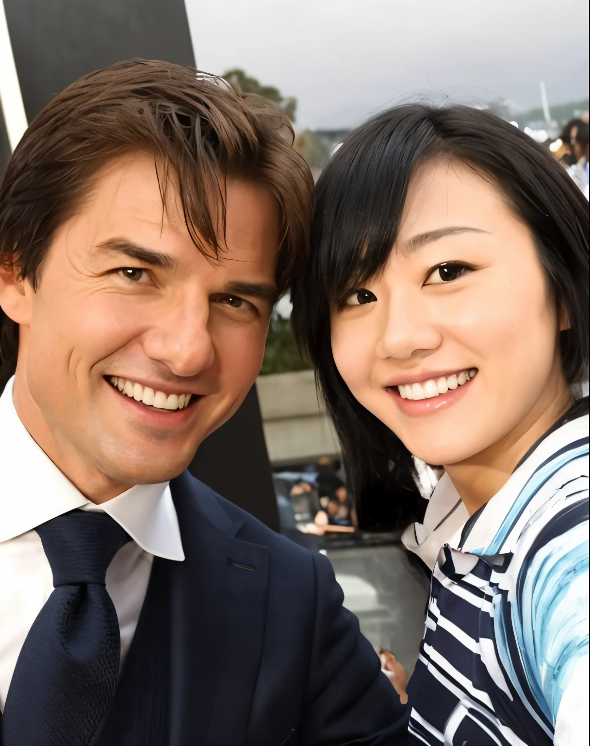 (Best quality, 8k, 32k, Masterpiece, UHD:1.2) "Generate an art scene featuring a well-known celebrity "Tom Cruise" posing with a Japanese fan for a selfie. Show the celebrity and the fan in a joyful and friendly interaction, capturing a candid moment of connection and excitement. Portray the celebrity with their recognizable features and the fan displaying enthusiasm and admiration. Ensure the setting reflects a casual yet vibrant environment, possibly with hints of a crowded event or a bustling backdrop that complements the celebratory atmosphere. Emphasize the genuine and happy expressions of both the celebrity and the fan, creating a heartwarming scene of connection and fandom."