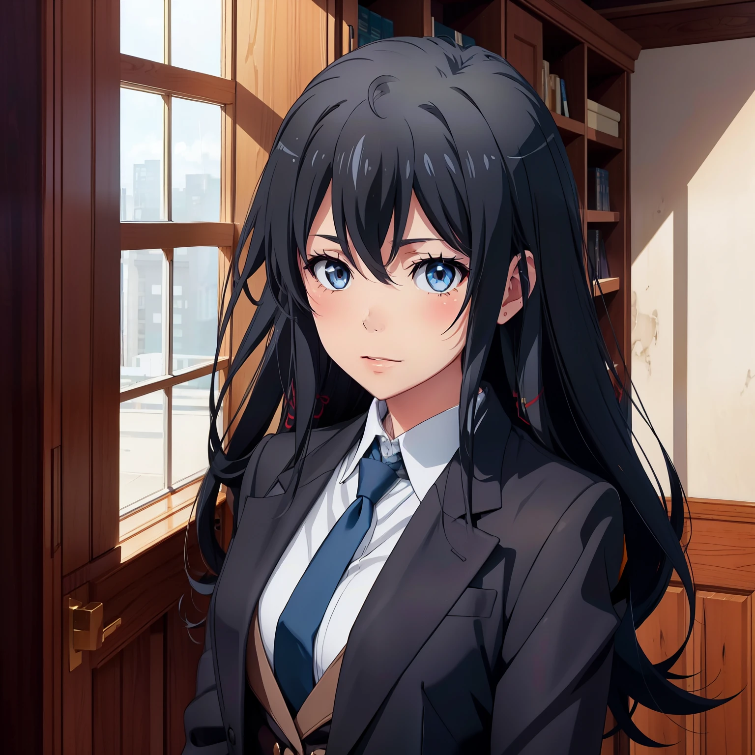 1GIRL , Yukinoshita yukino , Yukinoshita yukino,woman in formal attireactive suit tuxedo tailcoat standing in a large alcove in the room, 1girl, solo, necktie, black hair, blue eyes, long hair, smile, jacket, looking at viewer, shirt, pants, blue necktie, collared shirt, white pants, white shirt, indoors, bangs, long sleeves, closed mouth, window, black jacket, blush, cowboy shot, formal, suit, full body