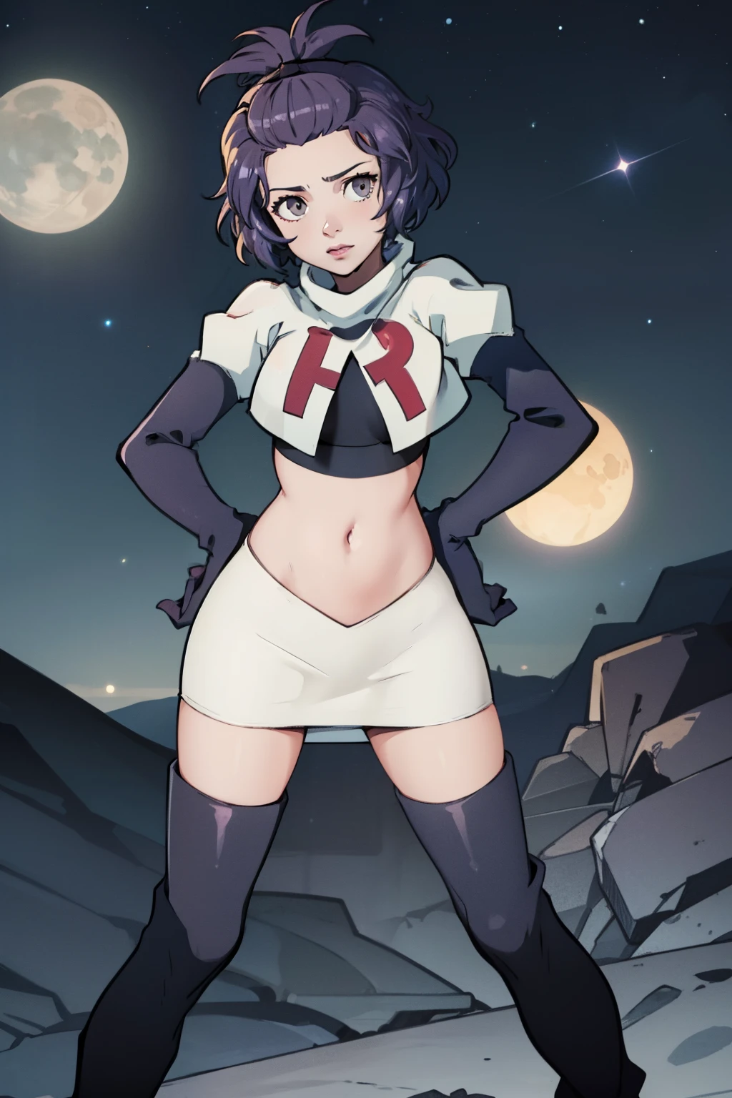 hopesBernie, topknot, grey eyes, purple hair, team rocket uniform, red letter R, white skirt,white crop top,black thigh-high boots, black elbow gloves, looking at viewer, cowboy shot, sexy pose , night sky background