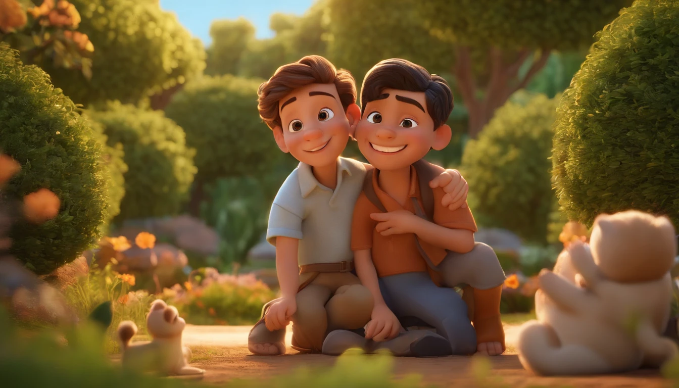 : Miguel, aproximadamente 5 anos de idade, cabelo curto estilo Disney, olhos castanhos e sorrisos. garota: Giovana, 2 anos, longos cabelos pretos e olhos azuis. scenecy: Miguel and Giovana are in a cozy little house in the valley, ao fundo um dia ensolarado, Destacando o Sol.