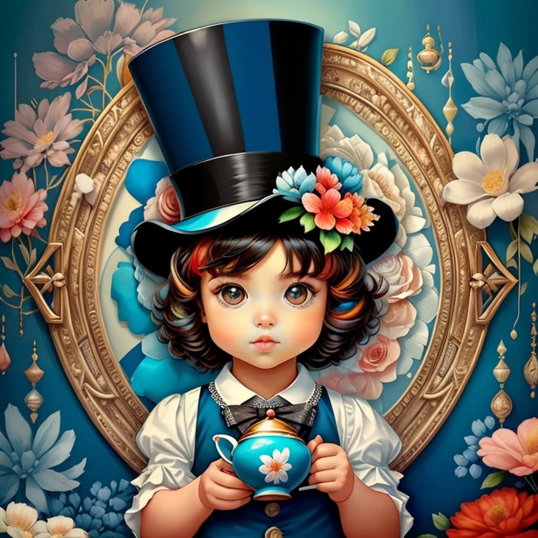 ((|) (cute baby cat with top hat, tea pot and flowers) stylized identical to 1940 |)), acolchoamento ,multidimensional geometric wall PORTRAIT, arte, Chibi,
Yang016K, lindo,(( Predominant red coloration ,azul e branco))
Primary works, qualidade superior, melhor qualidade, Arte Oficial, Beautiful and Aesthetic,),  Eduardo Kobra acolchoamento ,multidimensional geometric wall PORTRAIT, arte, Chibo,detalhes