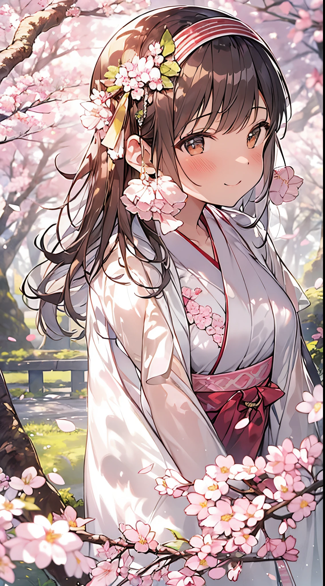 katou megumi，one-girl，On the path full of cherry blossoms，（SakuraNS:1.5),（Wear a white beret on his head:1.5)，with short brown hair，captivating brown eyes，best facial description，（wears a white dress：1.5)，face to the viewer，ssmile，and the sun was shining brightly，A gentle breeze blows Buddha，exteriors