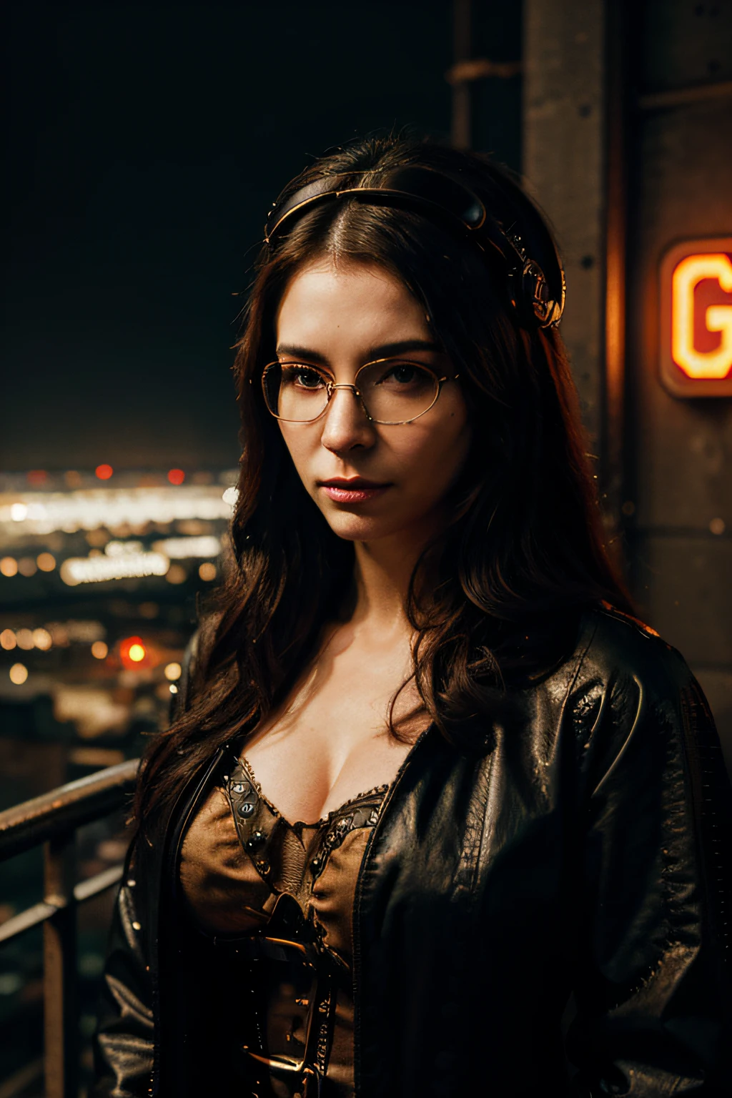 La gioconda, dressed in steampunk style, ciberpunk, glasses on her head, Standing in full height against the background of the night city, high detail, gloomy atmosphere, neon lights, painting, Hyperreal photo of, cinematic quality, high detail