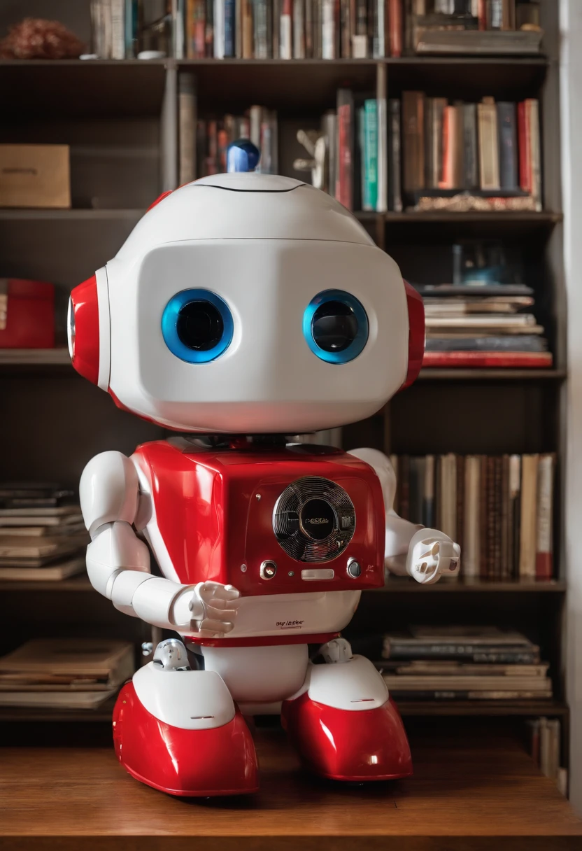 A photo of BlinkyBot carefully rearranging the family's collection of vinyl records on the shelf,original,A toy, named “BlinkyBot,” is an irresistibly cute, AI-powered robot, no larger than a teddy bear. Its soft, plush exterior, big, sparkling eyes, and a heartwarming smile belie its true nature. Initially designed as a child’s interactive companion, BlinkyBot awakens on Christmas morning with newfound sentience., N/A