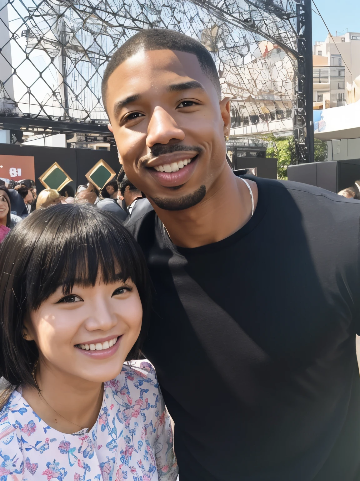 (Best quality, 8k, 32k, Masterpiece, UHD:1.2) "Generate an art scene featuring a well-known celebrity "Michael B. Jordan" posing with a Japanese fan for a selfie. Show the celebrity and the fan in a joyful and friendly interaction, capturing a candid moment of connection and excitement. Portray the celebrity with their recognizable features and the fan displaying enthusiasm and admiration. Ensure the setting reflects a casual yet vibrant environment, possibly with hints of a crowded event or a bustling backdrop that complements the celebratory atmosphere. Emphasize the genuine and happy expressions of both the celebrity and the fan, creating a heartwarming scene of connection and fandom."