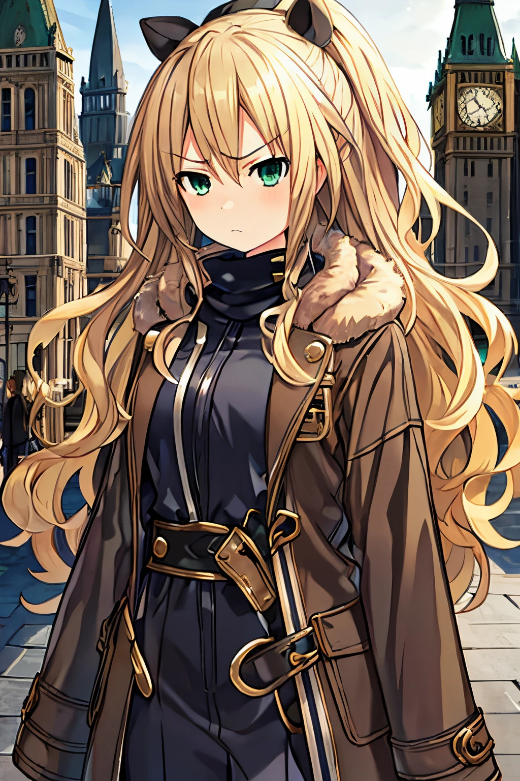 Masterpiece, best quality, 1girl, beautiful detailed eyes, finely detailed, blonde hair, lon wavy hair, green eyes, clothes: brown fur coat, use black gloves, serious face, city in the background