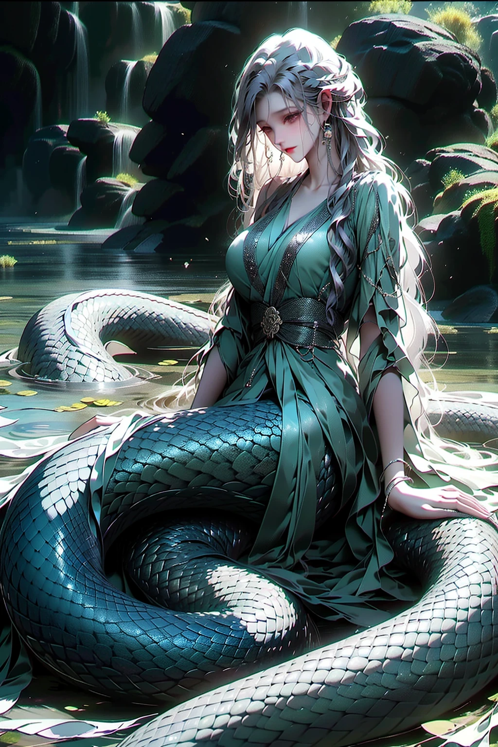 tmasterpiece,Best quality at best,ultra - detailed,1个Giant Breast Girl,White hair,white  clothes,MD,(Green 1.2) serpent,at the lakes,Hanfu,