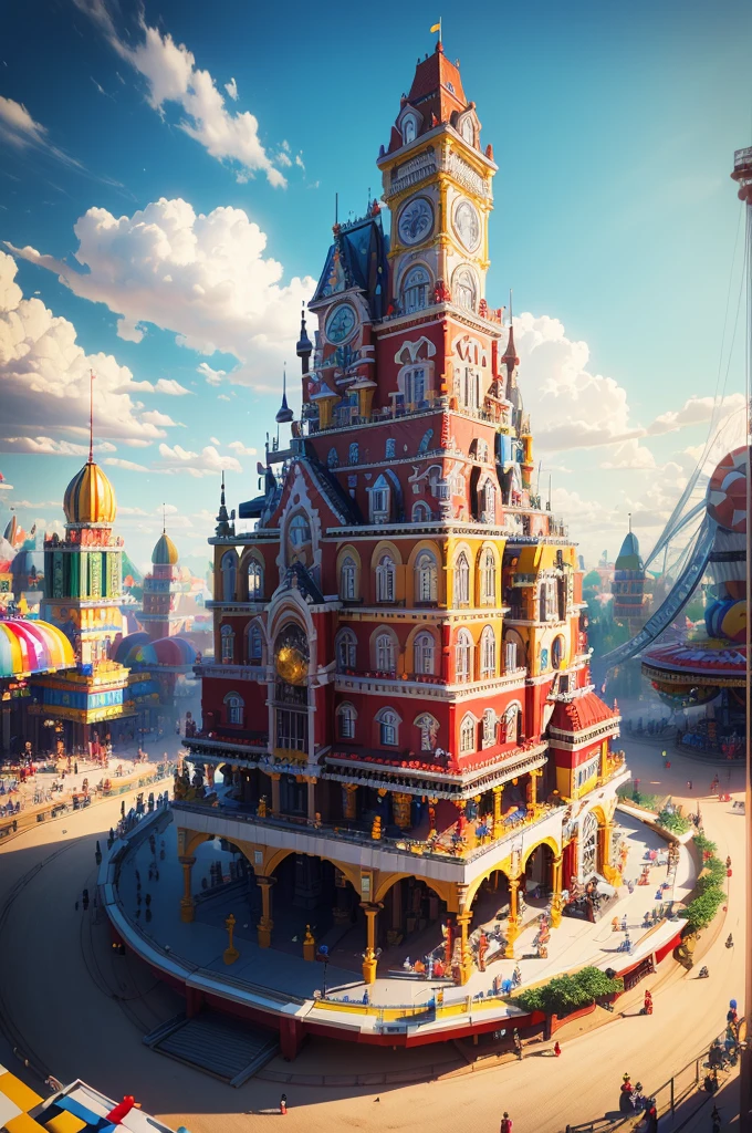 (8k, best quality, masterpiece:1.2), (realistic, photo-realistic:1.37),(constructed out of lego blocks the wildest craziest carnival theme park your imagination has ever seen digital painting trending on artstation award winning concept art ), rides lots of rides, loop the loop, fantasy Background, Cosmic Entity