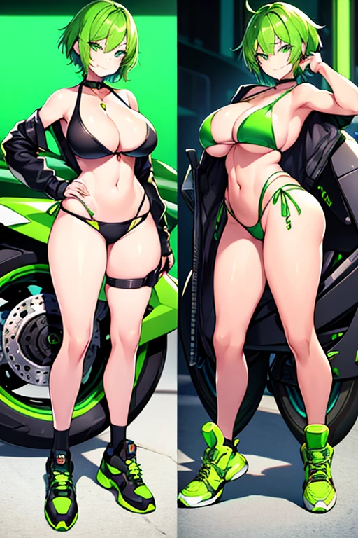 1girl, large breasts, wide hips, green hair, very short hair, short hair, green eyes, bikini, black bikini, neon trim, green neon trim, smile, smirk, smug, futuristic, science-fiction, tech, machinery, shoes, sneakers, motorcycle, motor vehicle