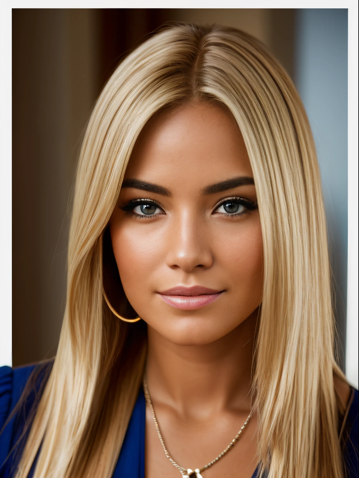 Photorealistic of an incredibly beautiful indigenous American woman with blonde hair, ventoso y desordenado, Al estilo de Panasonic Lumix S Pro 50mm F/1.4, beige claro y azul oscuro, celebrity image mashups, Realismo suave, Barbiecore, Motor Unreal 5, 32K UHD, Calidad luminosa, Realismo suizo, Niji 5