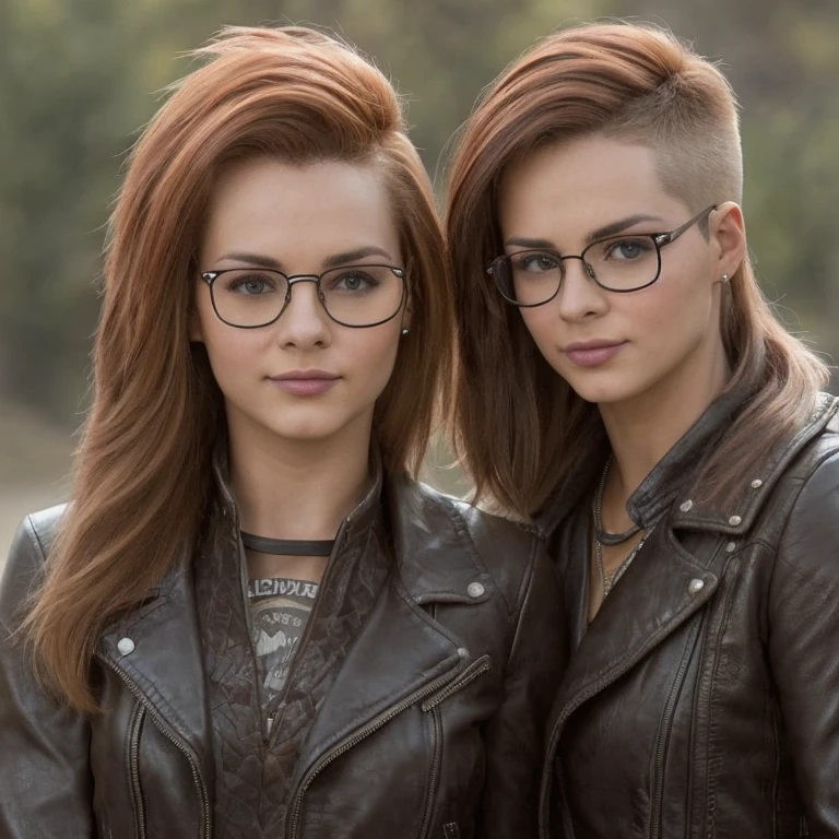 2women, lesbians, Elsin, brown-haired and redhead,(Mohawk haircut:1.2), eyeglasses, leather jacket, Posing, HDR, Cinematic