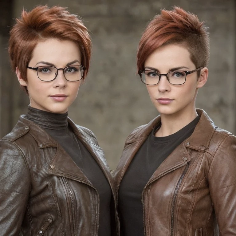 2women, lesbians, Elsin, brown-haired and redhead,(Mohawk haircut:1.2), eyeglasses, leather jacket, Posing, HDR, Cinematic