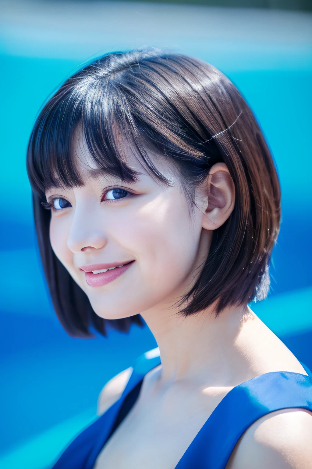 asterpiece, Best Quality, 1girl in, Profile face, a stunning face, Blue background, Blurry, blown eyes, Short hair, Upper body,Transparency,Elegant,Double eyelids,chuckle,Upper body,Smile