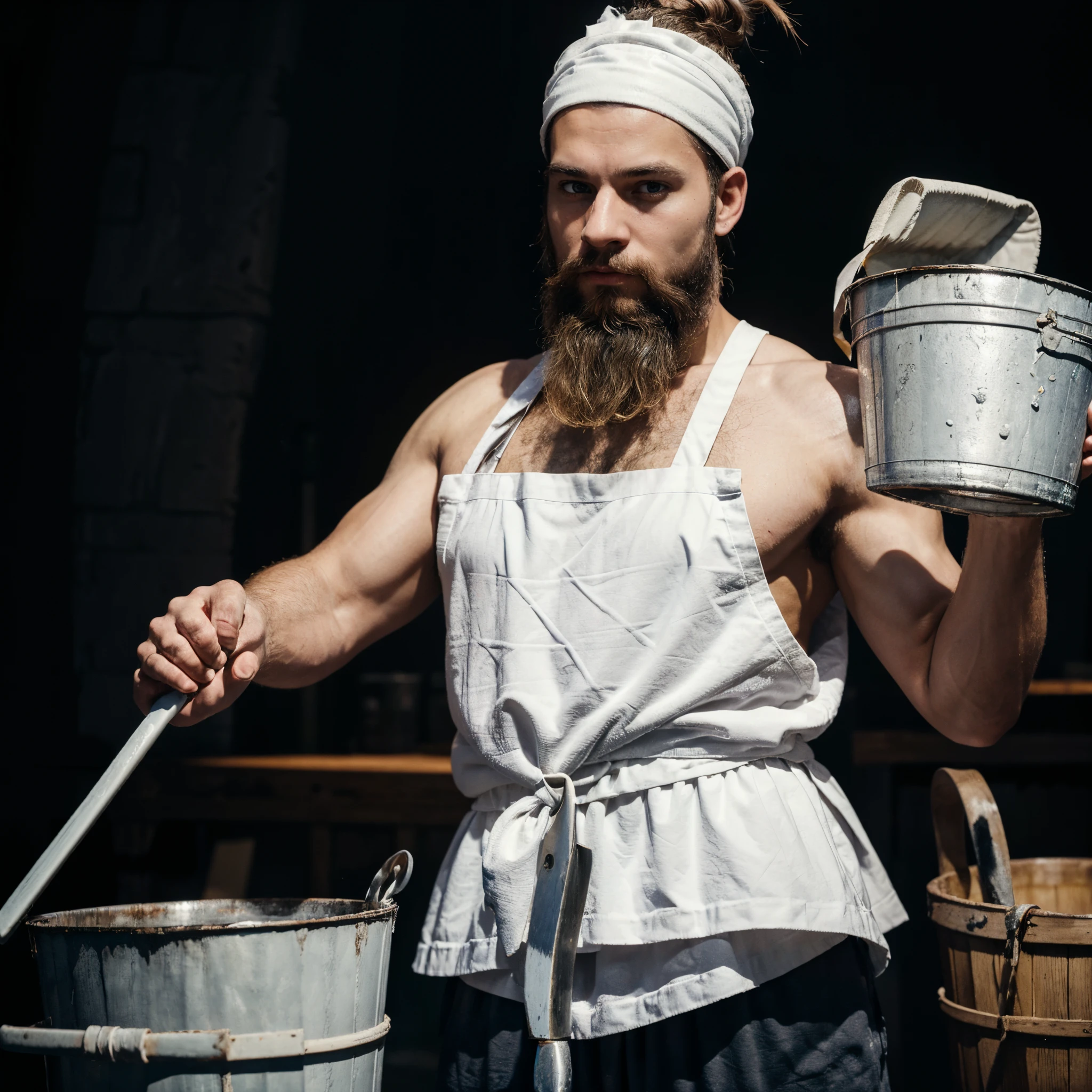 a Viking man, with big bun hair, with a beard, With a white headband, ((holding a squeegee and a bucket)), with a cleaning apron, ((dark background)), (with a highlight light in man)